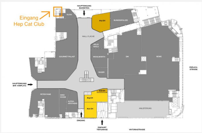 Schema Eingang des Hep cat Clubs am Gleis 1