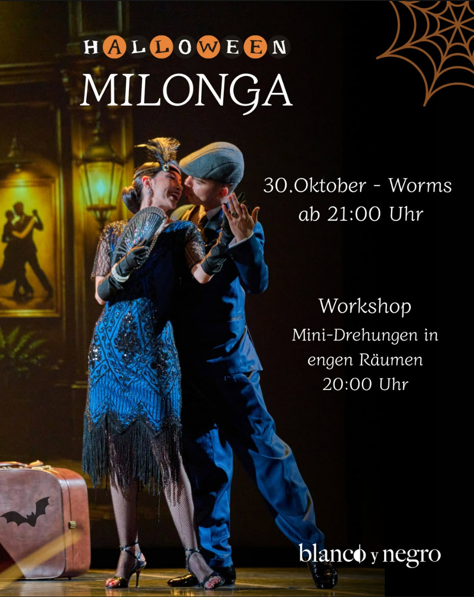 Dance couple in vintage costumes dancing on a dark stage for Halloween Milonga poster; text shows date and workshop details on the right side.
