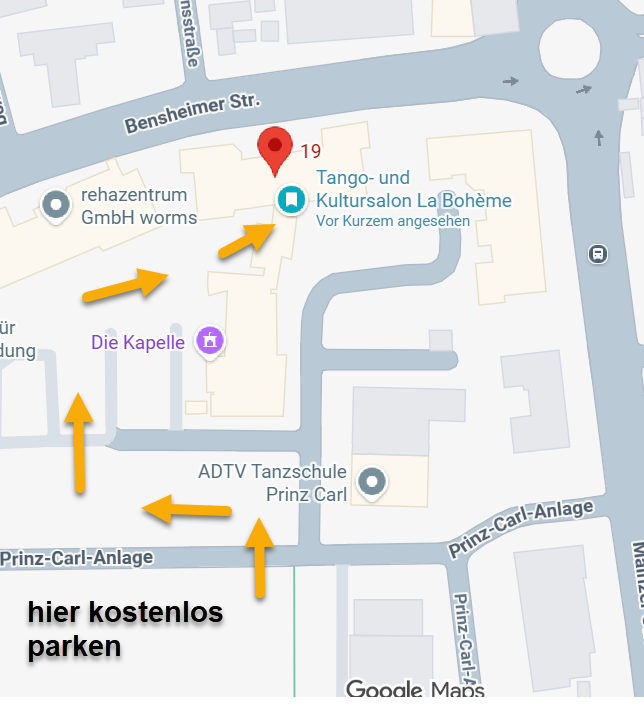 Map excerpt showing free parking area with orange arrows along Prinz-Carl-Anlage near ADTV Tanzschule Prinz Carl and Tango- und Kultursaal La Bohème; label 'hier kostenlos parken'.