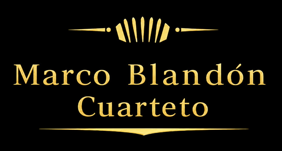 Logo for Marco Blandón Cuarteto in gold on black with decorative flourishes above and below the text.