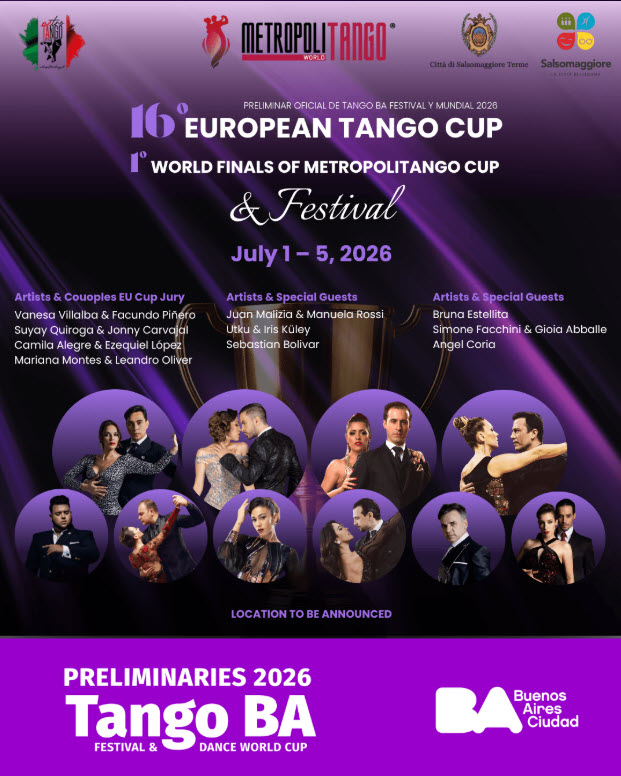 Event poster for the 16th European Tango Cup and World Finals of the Metropolitan Tango Cup & Festival, July 1–5, 2026, with dancer portraits.