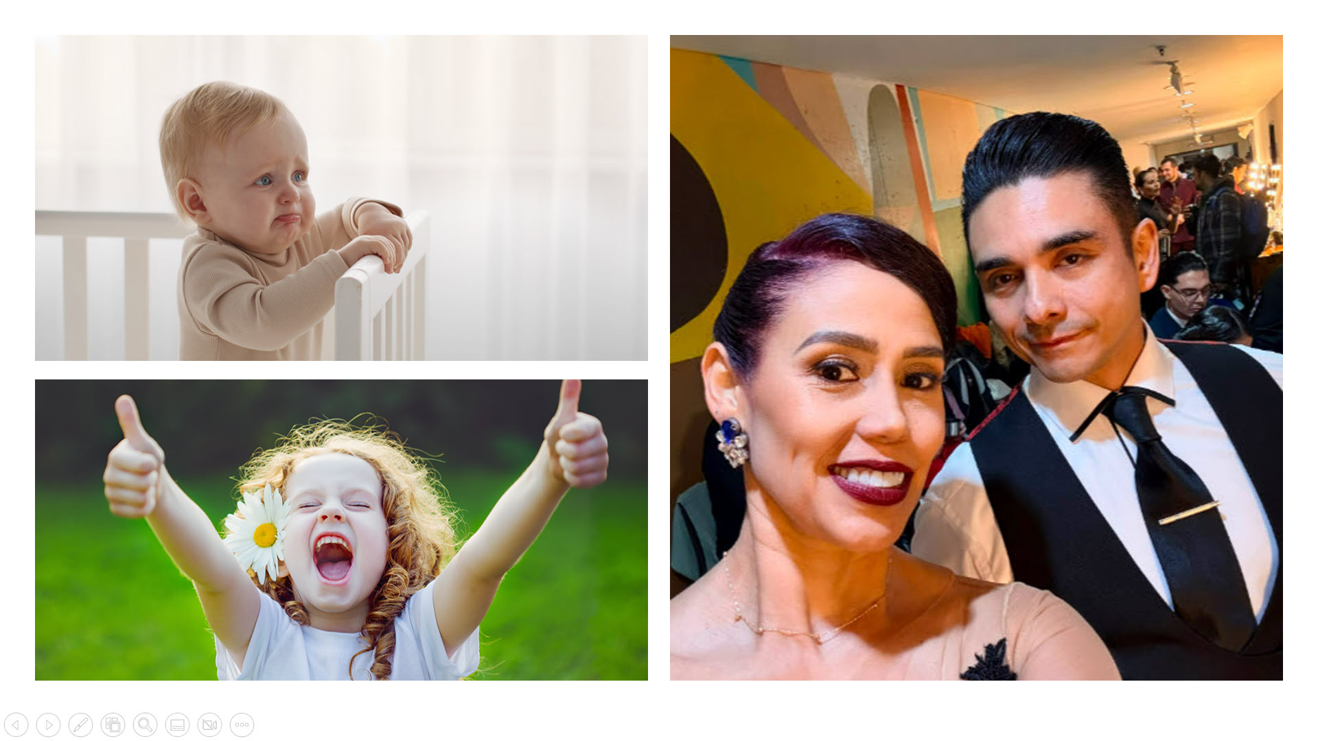 Collage showing a crying baby in a crib, a smiling girl with a flower, and a couple posing for a selfie at a party.