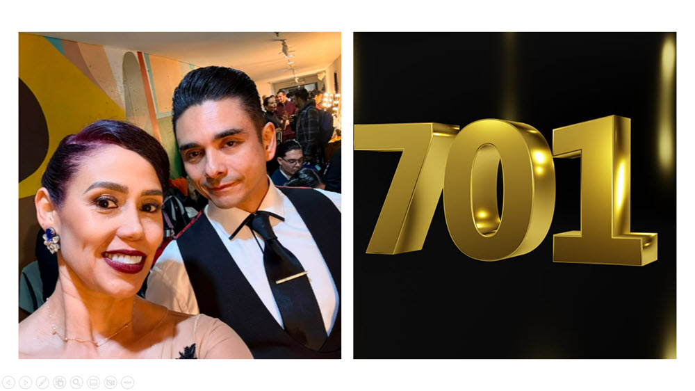 Left: woman in peach dress taking a selfie with a man in a vest at a crowded event; right: large gold '701' letters on a dark background