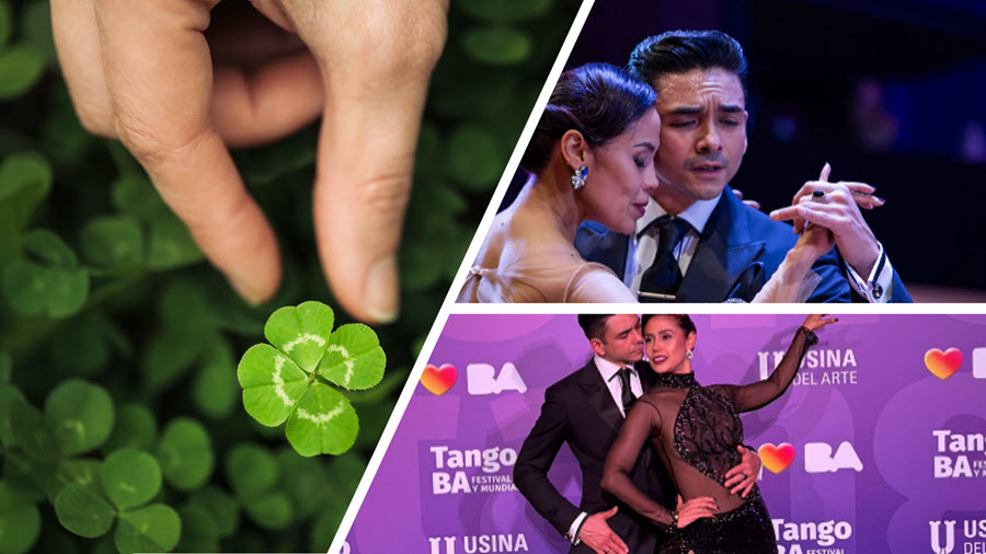 Collage: a hand reaching toward a four-leaf clover among green leaves, with two tango dance scenes on the right.